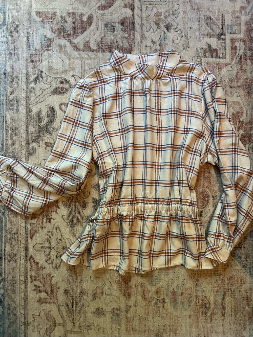 Ann Taylor size L Plaid Peplum Long-Sleeve Top - Cream